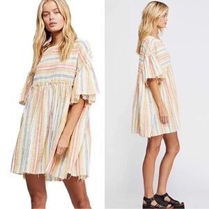 FREE PEOPLE Summer Nights Linen Striped Mini Dress Cream Orange M
